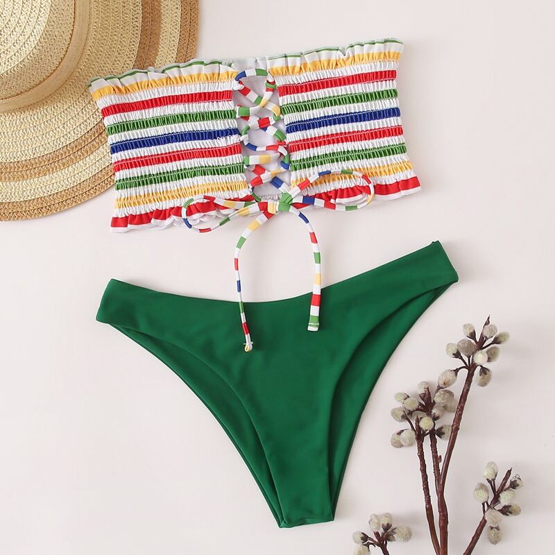 

Rainbow Stripe Smocked Lace-up Bandeau Bikini Swimsuit, Multicolor