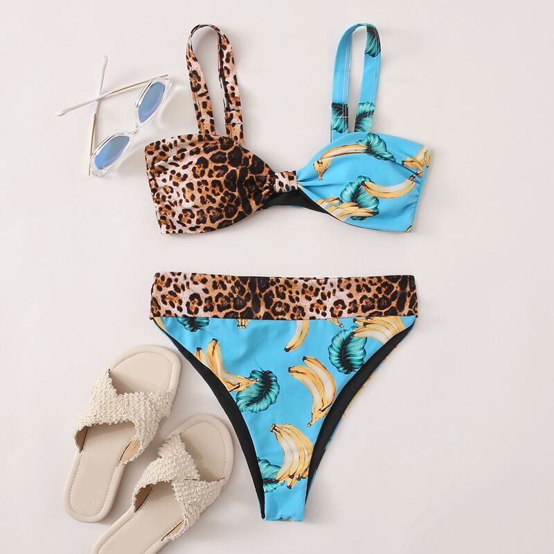 

Leopard & Banana Print Knot Bikini Swimsuit, Multicolor