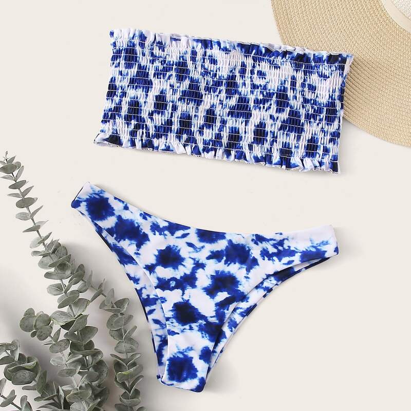 

Bleach Dye Smocked Bandeau Bikini Swimsuit, Blue
