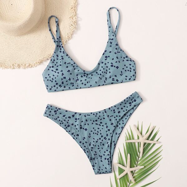 

Allover Print Rib Bikini Swimsuit, Blue