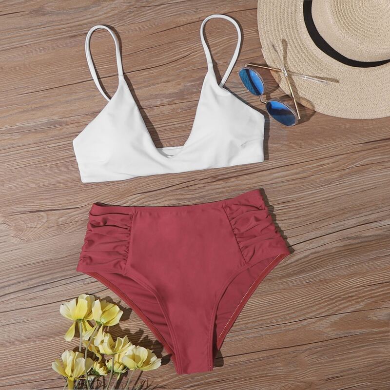 

Ruched High Waist Bikini Swimsuit, Multicolor