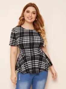 SHEIN Clasi Plus Plaid Peplum Top - Black - View 3