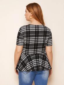 SHEIN Clasi Plus Plaid Peplum Top - Black - View 2
