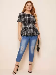 SHEIN Clasi Plus Plaid Peplum Top - Black - View 4