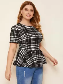 SHEIN Clasi Plus Plaid Peplum Top - Black - View 5