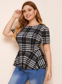 SHEIN Clasi Plus Plaid Peplum Top - Black - View 1
