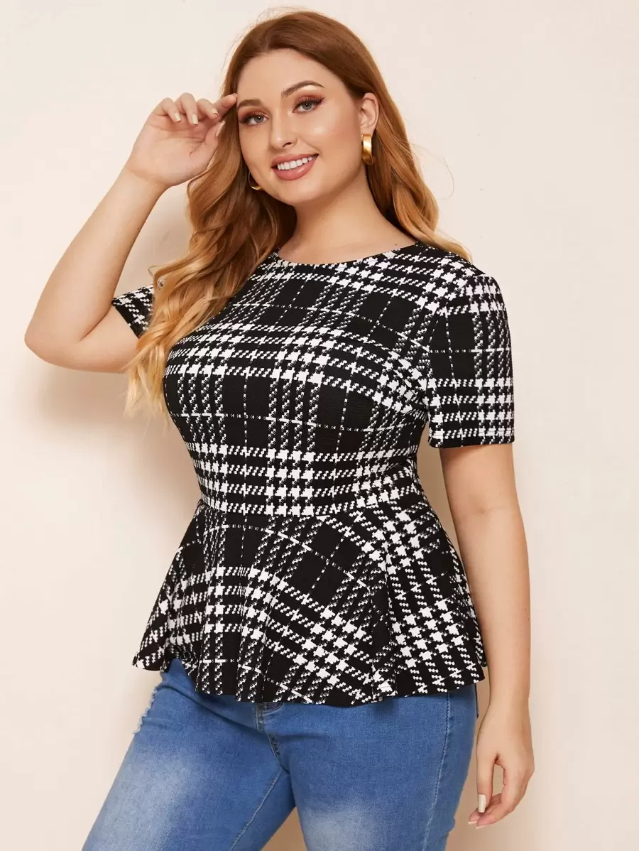 SHEIN Clasi Plus Plaid Peplum Top - Black - View 1