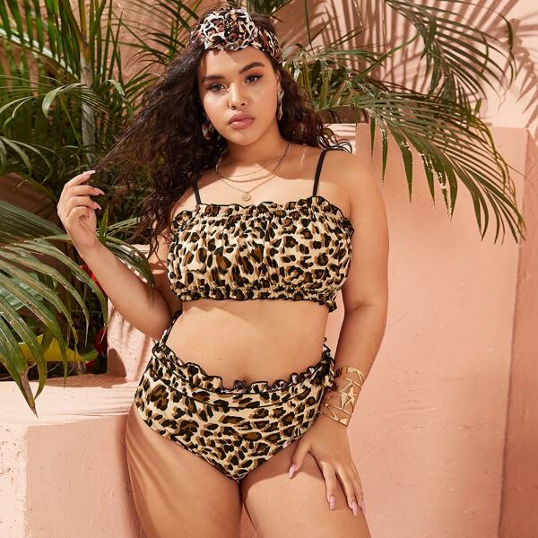 

Plus Leopard Ruched Frill Trim Bikini Swimsuit, Multicolor