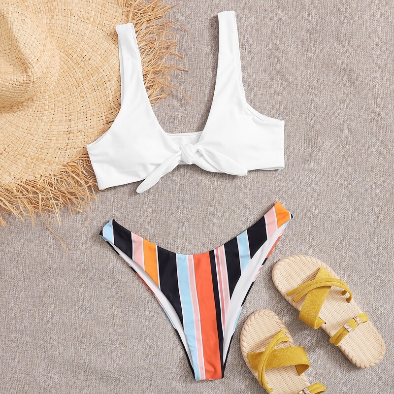 

Striped High Leg Bikini Swimsuit, Multicolor