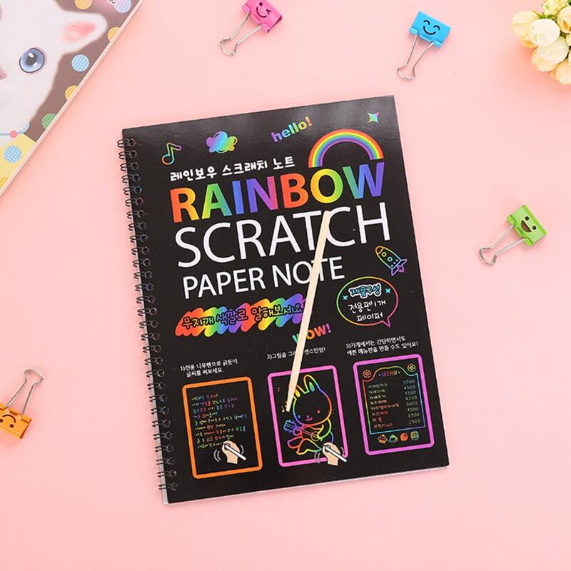 

1pc Rainbow Random Scratch Notebook With 1pc Wooden Stick, Multicolor