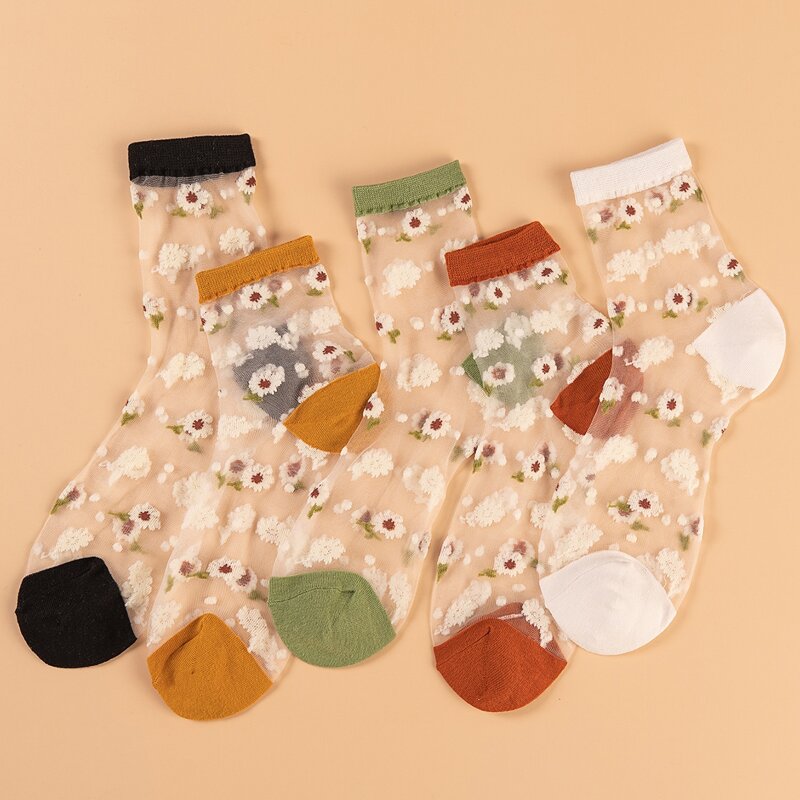 

5pairs Floral Pattern Mesh Socks, Multicolor