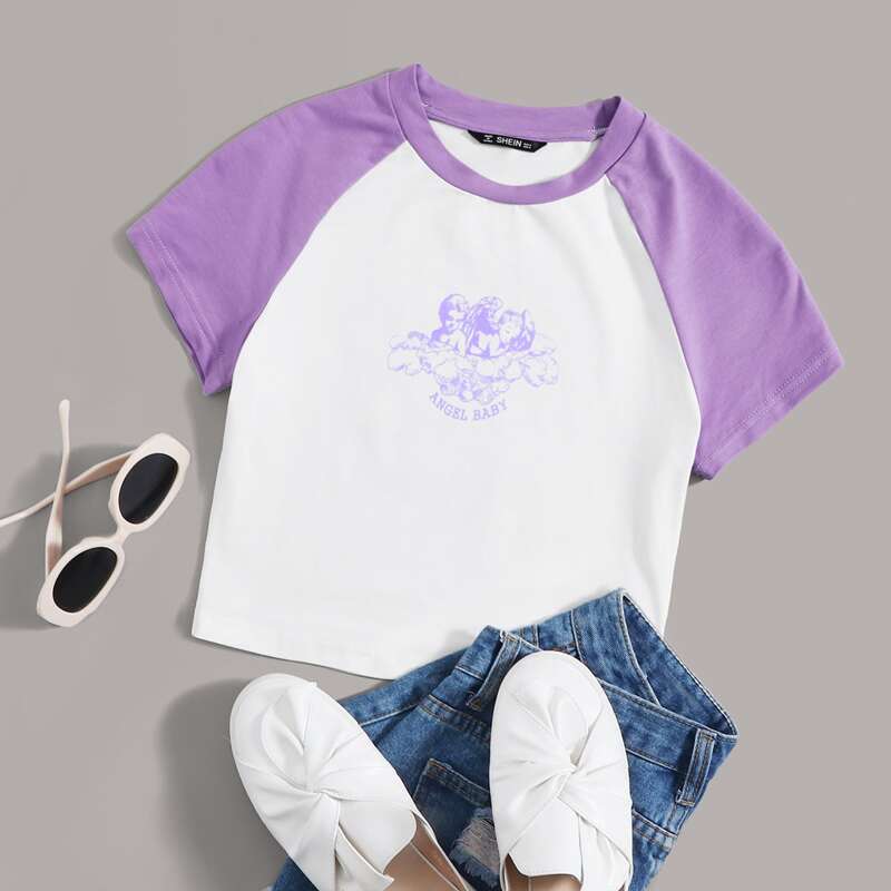 

Letter and Angel Print Raglan Sleeve Tee, White
