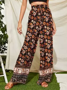 SHEIN VCAY Tie Front Floral Print Wide Leg Trousers - Multicolor - View 3