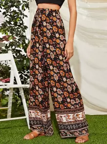 SHEIN VCAY Tie Front Floral Print Wide Leg Trousers - Multicolor - View 5