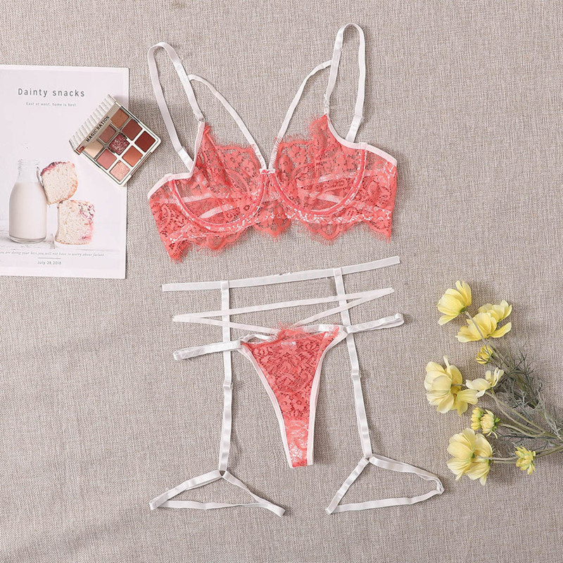 

Floral Lace Underwire Garter Lingerie Set, Pink