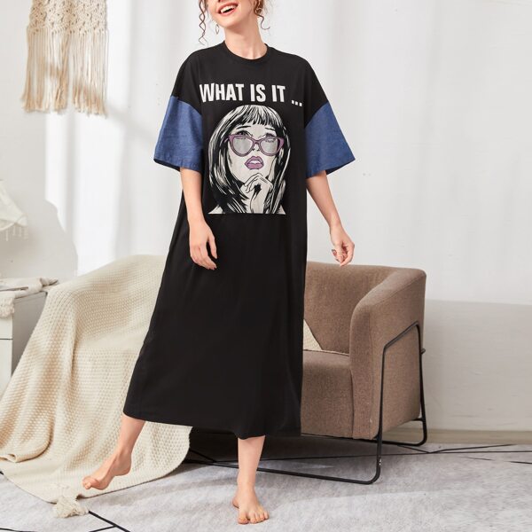 

Slogan and Figure Graphic Drop Shoulder Dress, Black