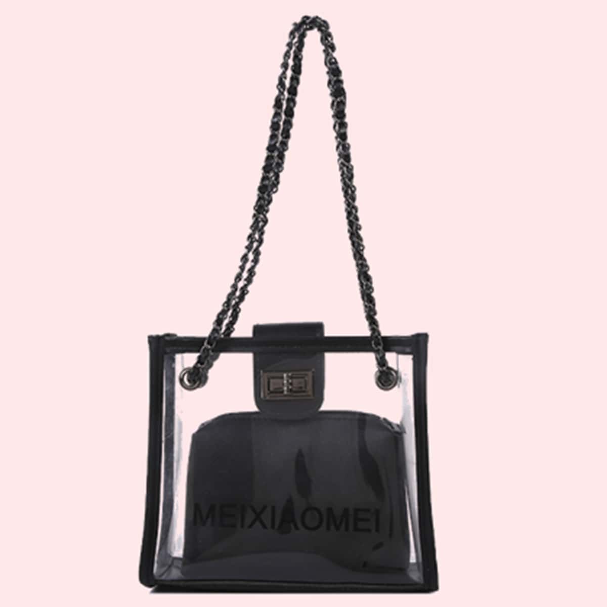 

Clear Chain Tote Bag With Inner Pouch, Black