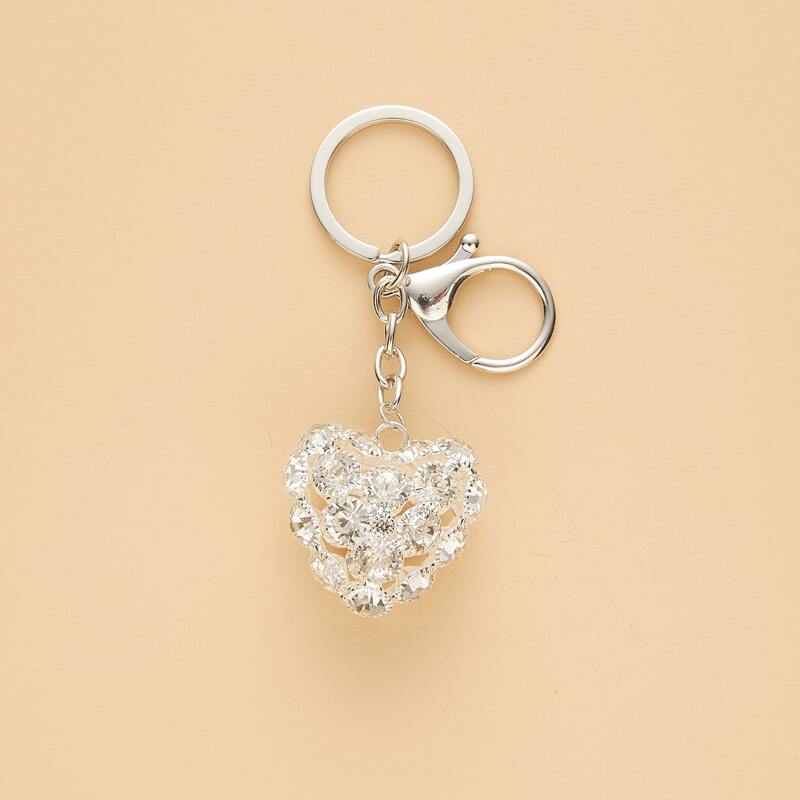

Rhinestone Decor Heart Charm Keychain, Silver