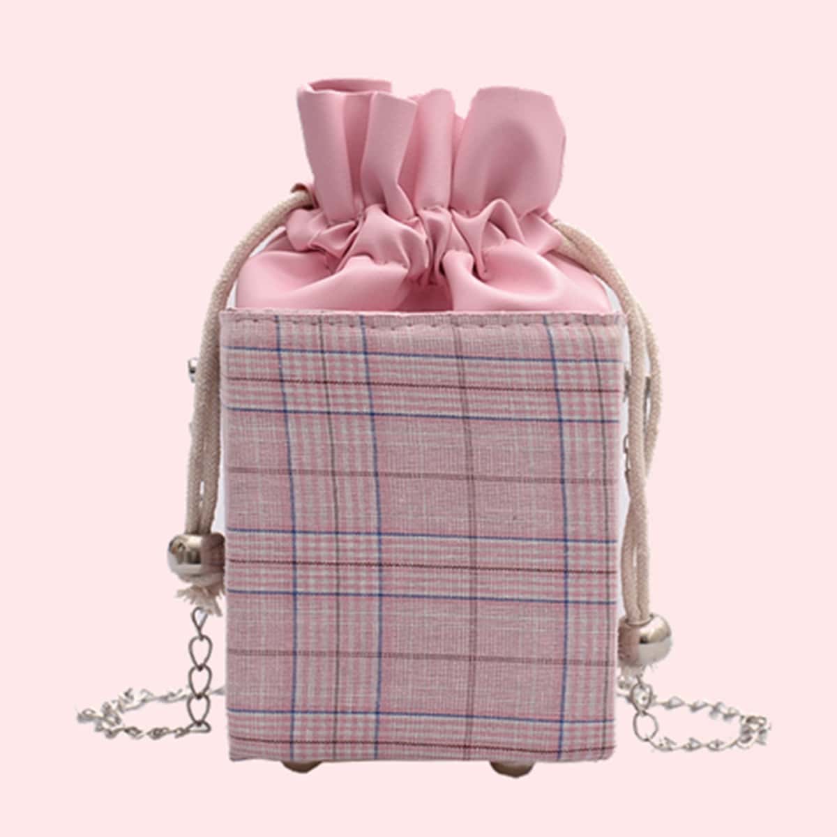 

Plaid Drawstring Chain Crossbody Bag, Pink