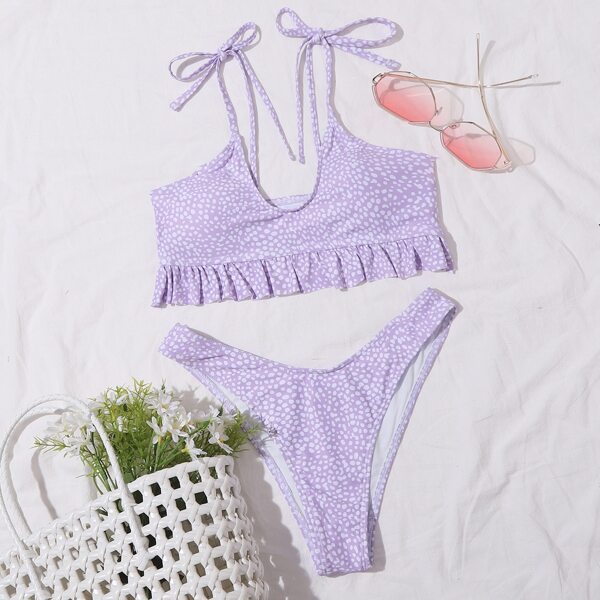 

Dalmatian Tie Shoulder High Cut Bikini Swimsuit, Purple
