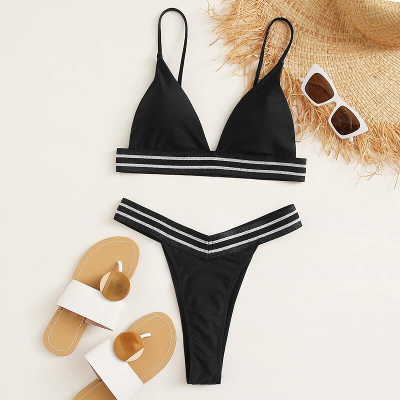 

Glitter Tape Triangle High Cut Bikini Swimsuit, Black