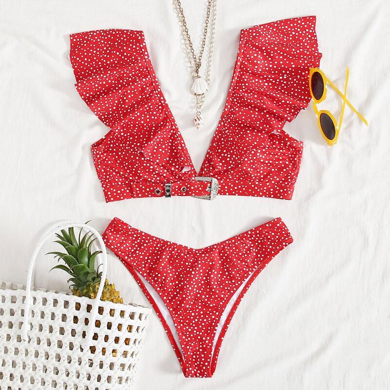 

Polka Dot Ruffle High Cut Bikini Swimsuit, Red