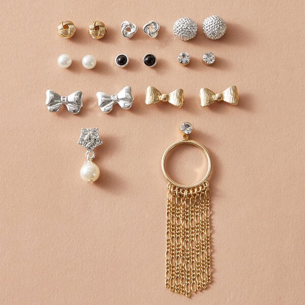 

9pairs Rhinestone Engraved & Faux Pearl Decor Earrings Set, Multicolor