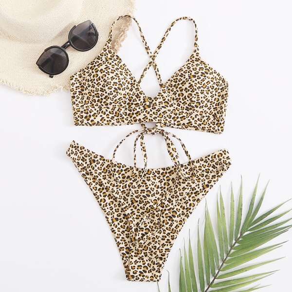 

Leopard Crisscross Tie Back Bikini Swimsuit, Multicolor