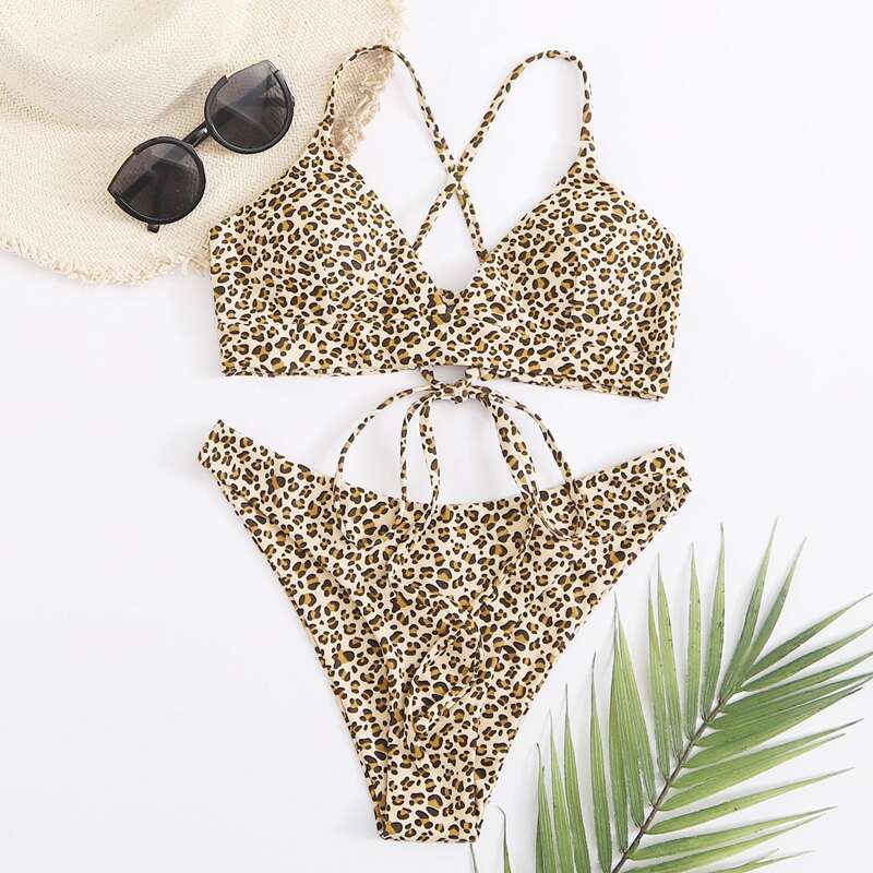 

Leopard Crisscross Tie Back Bikini Swimsuit, Multicolor