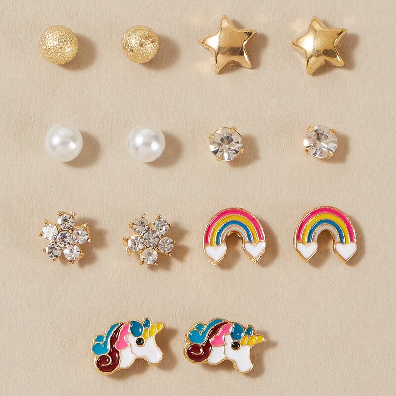 

7pairs Flower & Rainbow Shaped Stud Earrings Set, Multicolor