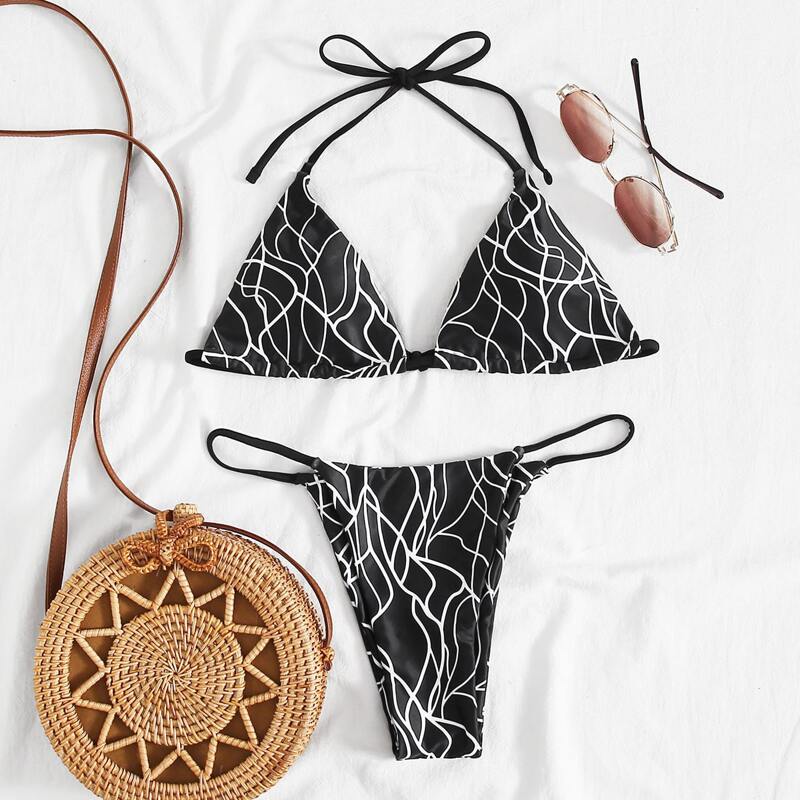 

Graphic Print Triangle Thong Bikini Swimsuit, Black