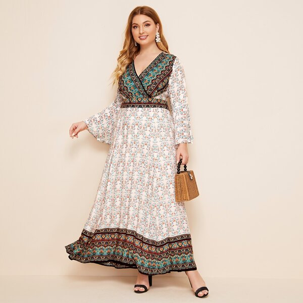 

Plus Plunging Neck Tribal Print Maxi Dress, White