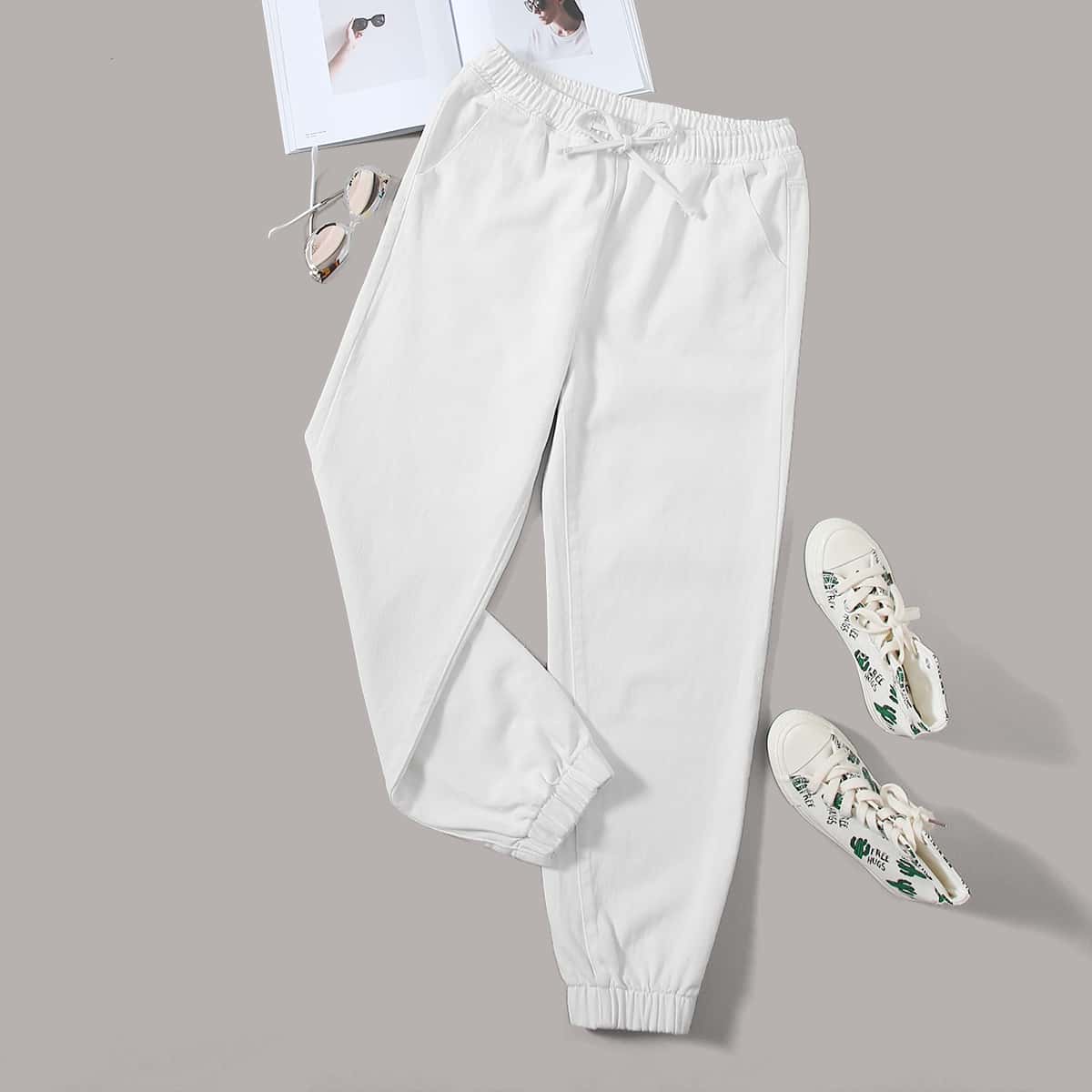 

Tie Waist Slant Pocket Tapered Jeans, White