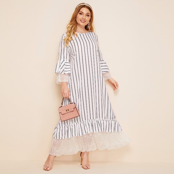 

Plus Flounce Sleeve Lace Ruffle Trim Striped Dress, White