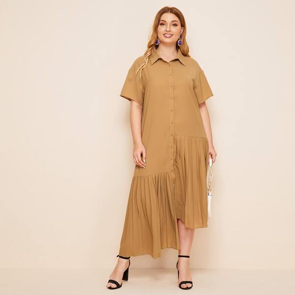 

Plus Single Breasted Asymmetrical Pleated Hem Shirt Dress, Camel
