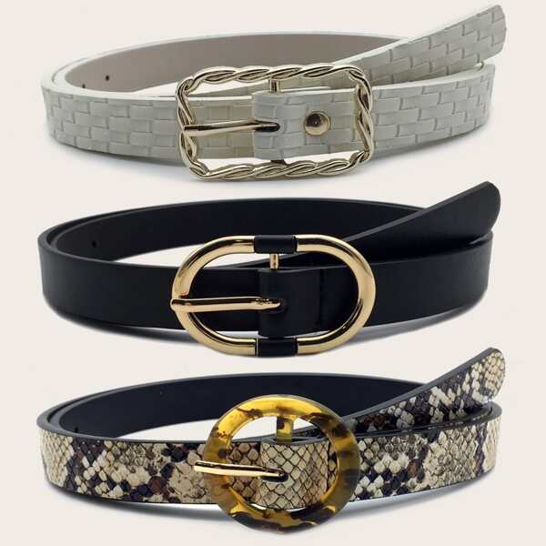 

3pcs Snakeskin Pattern Metal Buckle Belt, Multicolor