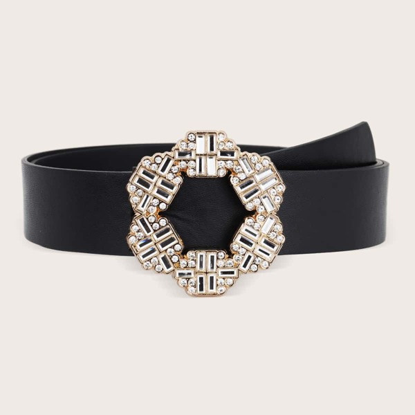 

Rhinestone Engraved Round Buckle Belt, Black