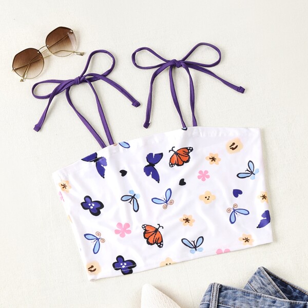 

Butterfly Print Crop Knotted Cami Top, White