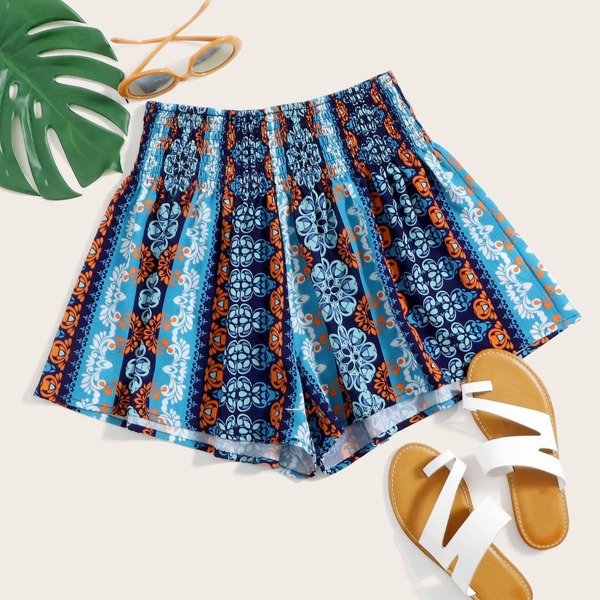 

Tribal Print Shirred Waist Wide Leg Shorts, Multicolor