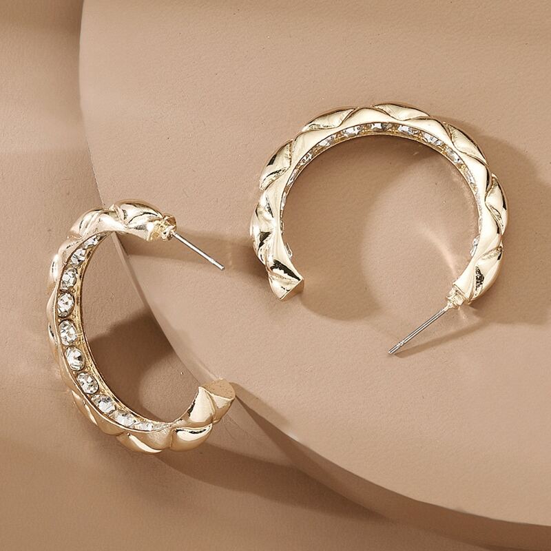 

Rhinestone Engraved Hoop Earrings, Gold