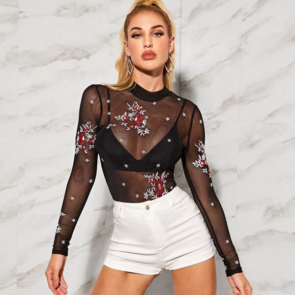 

Mock-Neck Embroidery Mesh Top Without Bra, Black