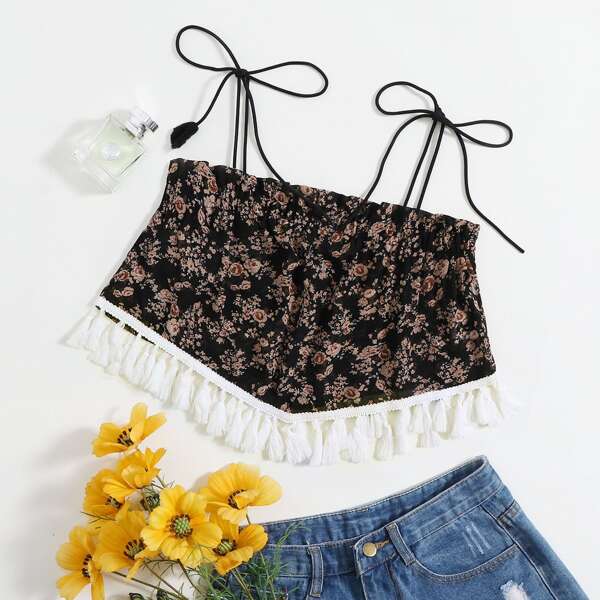 

Knot Strap Frill Trim Tassel Hem Floral Cami Top, Multicolor