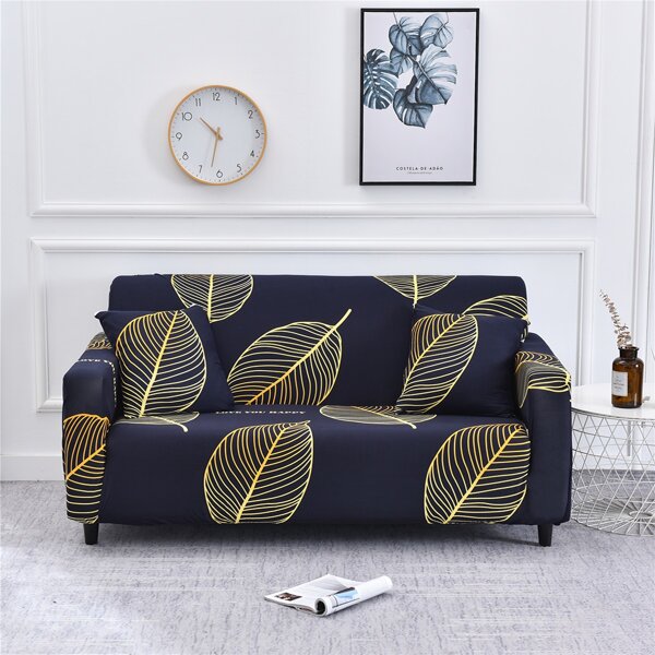 

Leaf Print Sofa Cover Without Cushion Cover, Black