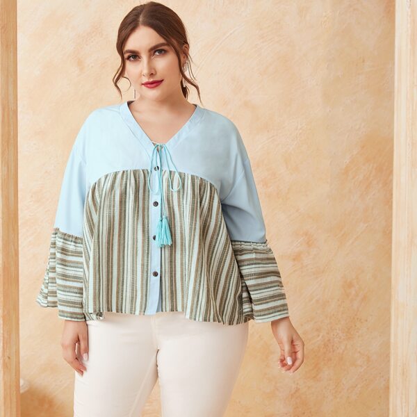 

Plus Contrast Striped Knot Front Blouse, Multicolor