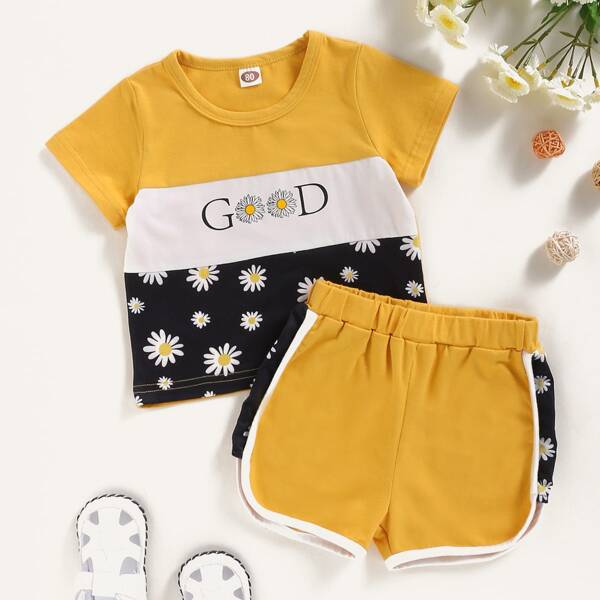 

Baby Girl Color-block Daisy Print Tee & Shorts, Multicolor