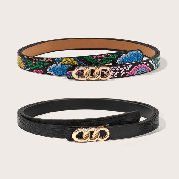 

2pcs Snakeskin Pattern Buckle Belt, Multicolor