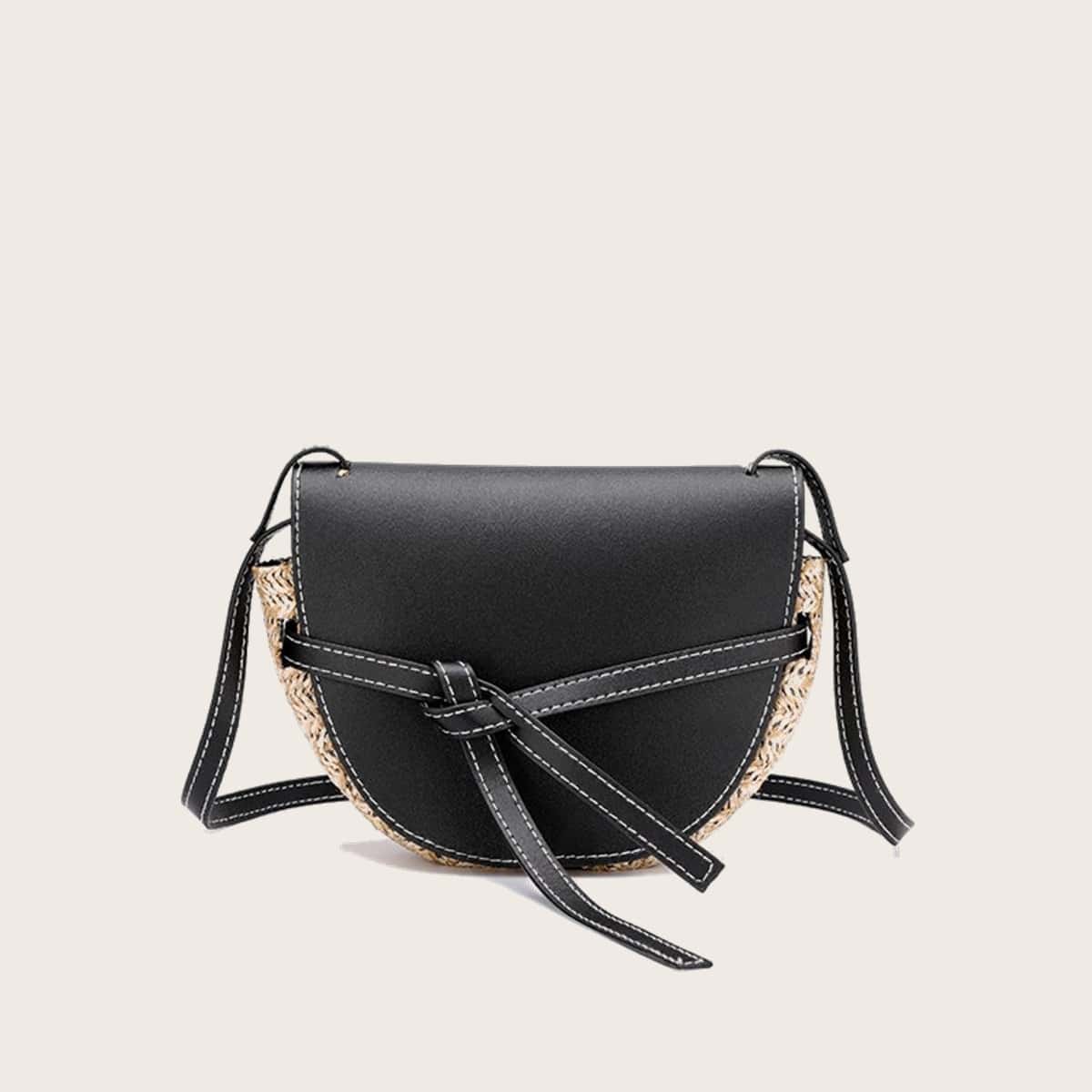 

Tie Front Straw Crossbody Bag, Black