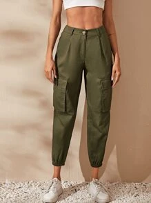 SHEIN 翻蓋口袋短款工裝褲 - 軍綠色 - 查看 3