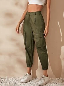SHEIN 翻蓋口袋短款工裝褲 - 軍綠色 - 查看 4
