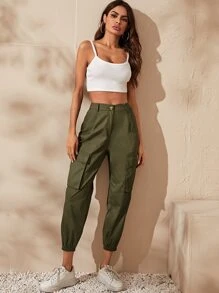 SHEIN 翻蓋口袋短款工裝褲 - 軍綠色 - 查看 5